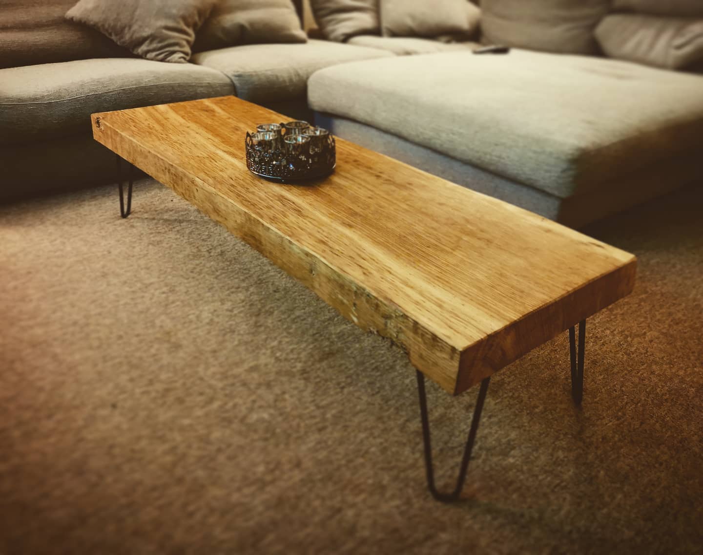 Solid oak farm house bench, with hairpin steel legs